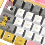 A close-up of the playful dog theme PBT keycaps set, showcasing vibrant illustrations of cute dogs and paw prints on Cherry profile caps, perfect for dog lovers.