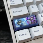 Epic Dragon Ball Super Saiyan Blue & Vegeta titanium keycap, showcasing intricate details and sleek metallic finish from multiple angles for a premium anime.