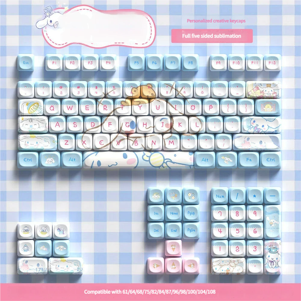 Dreamy Cinnamoroll PBT dye-sub keycap set displayed with whimsical pastel clouds. Premium quality for a playful keyboard.
