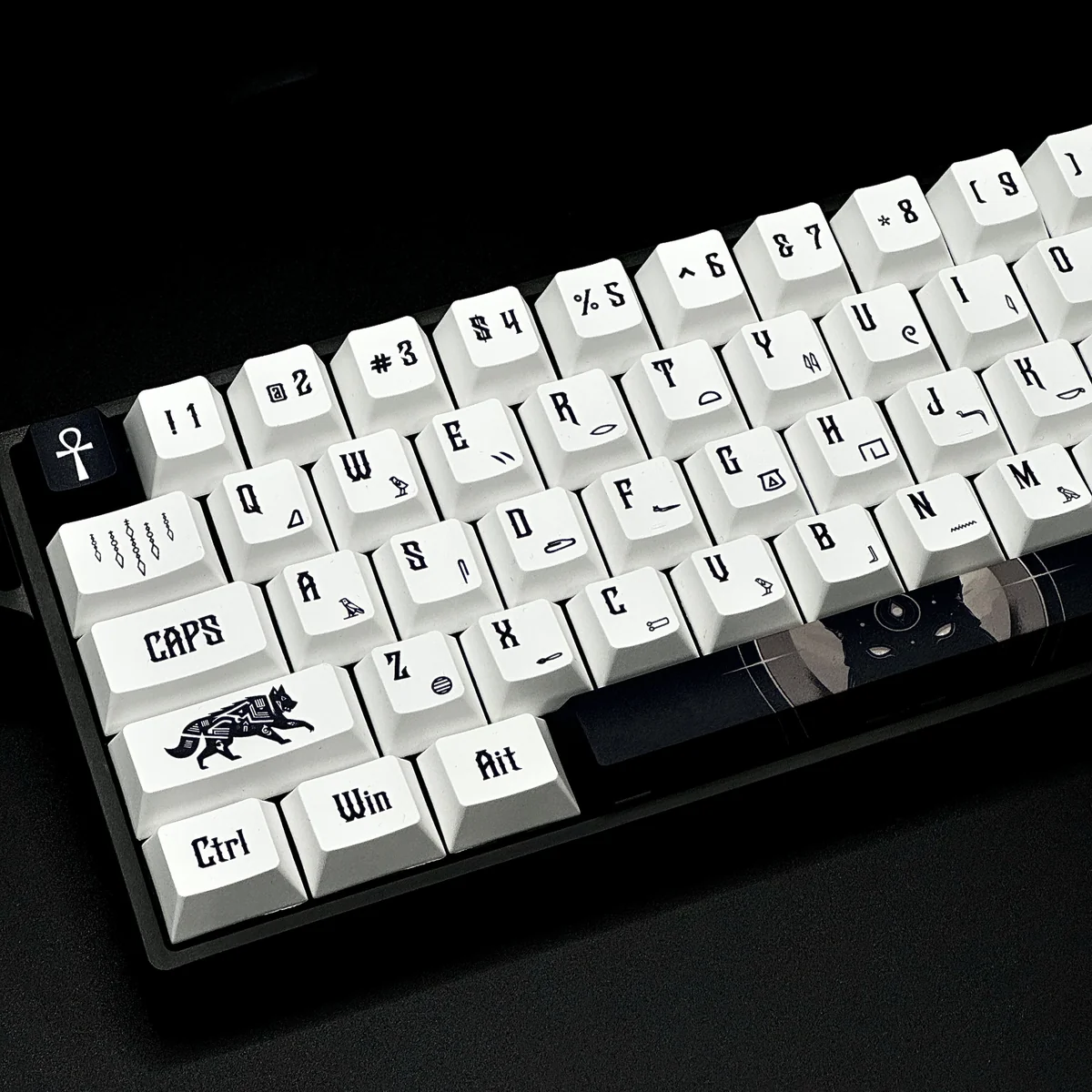 Durable PBT Egypt Keycaps Set from various angles, showcasing hieroglyphs, pharaohs, and golden desert hues. Ancient artistic desk decor.