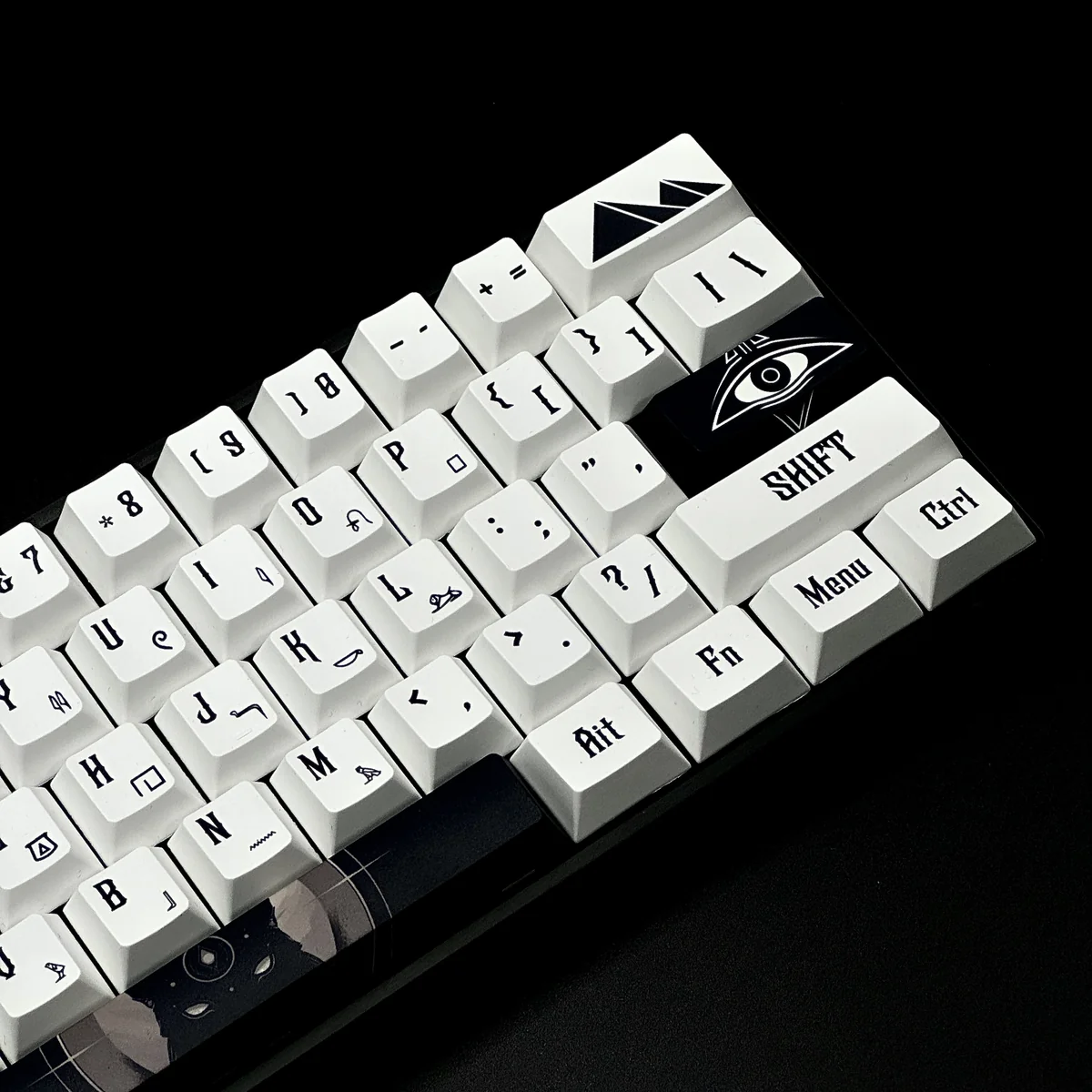 A gallery of Egypt Keycaps Set, showcasing the durable PBT material and intricate hieroglyph designs inspired by ancient mythology from various angles.