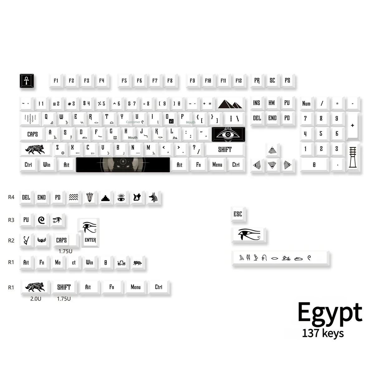 A detailed gallery view of durable PBT Egypt Keycaps Set, showcasing intricate hieroglyphs and pharaoh motifs from various angles, celebrating ancient.
