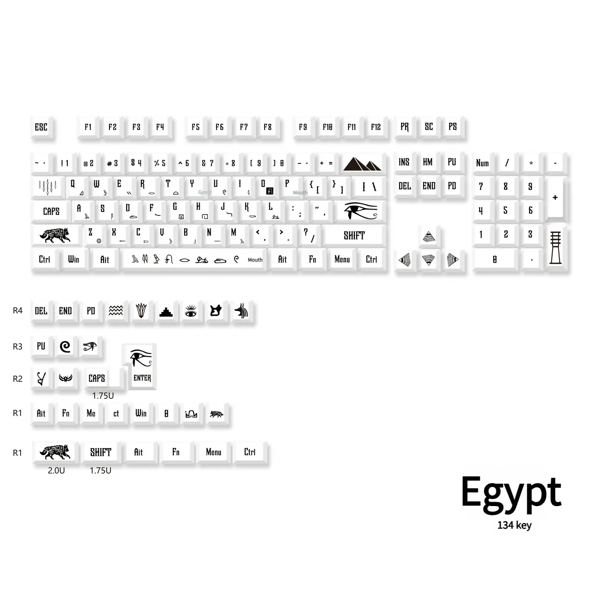 A collection of durable PBT Egypt Keycaps Set, showcasing various angles of hieroglyphs, pharaohs, and golden desert hues for unique desk artistry.