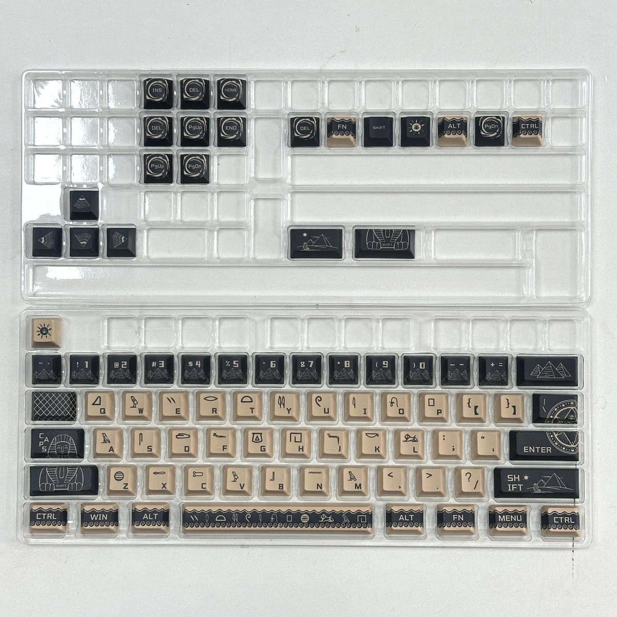 Durable PBT dye-sub Egyptian Pharaoh keycaps set for mechanical keyboards. Regal golden accents, hieroglyphs, and desert hues evoke ancient grandeur.