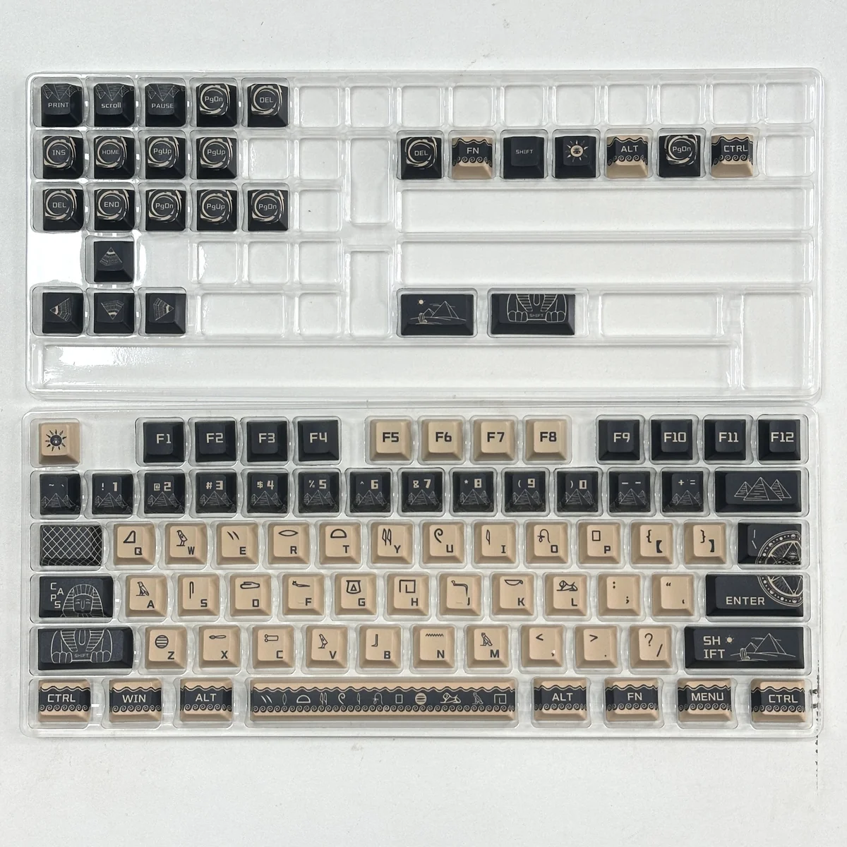 Durable PBT dye-sub Egyptian Pharaoh keycaps set, for 75-87 layout mechanical keyboards. Regal golden hieroglyphs evoke grandeur.