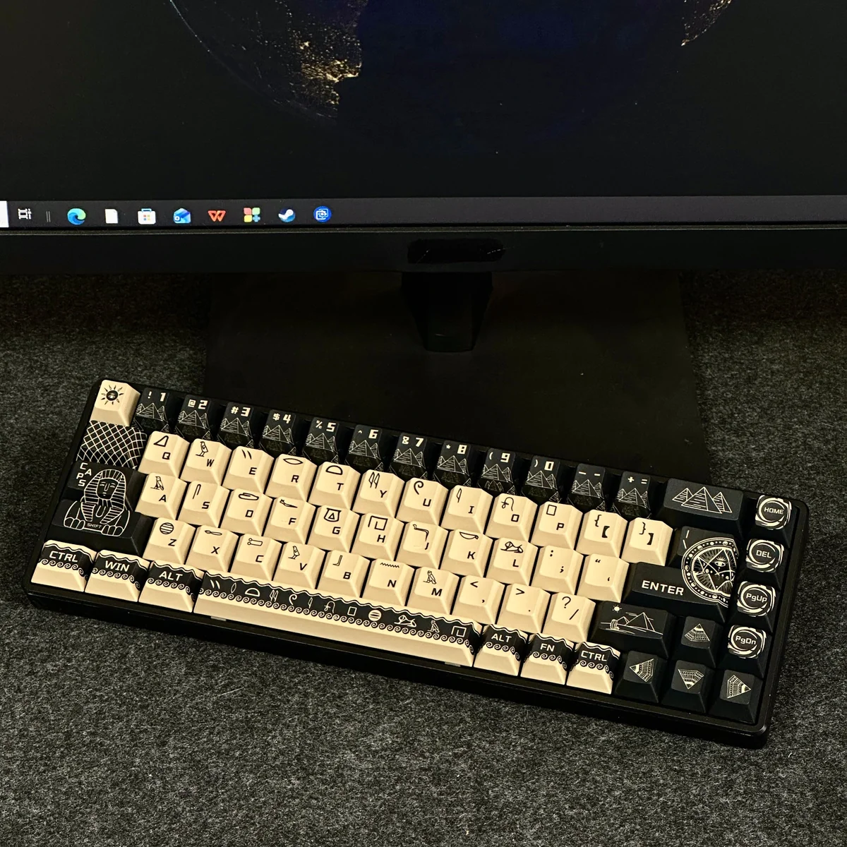 Regal Egyptian Pharaoh PBT Dye-sub keycaps set for mechanical keyboards, featuring golden hieroglyphs and desert hues, showcasing the durable set with artistic angles.