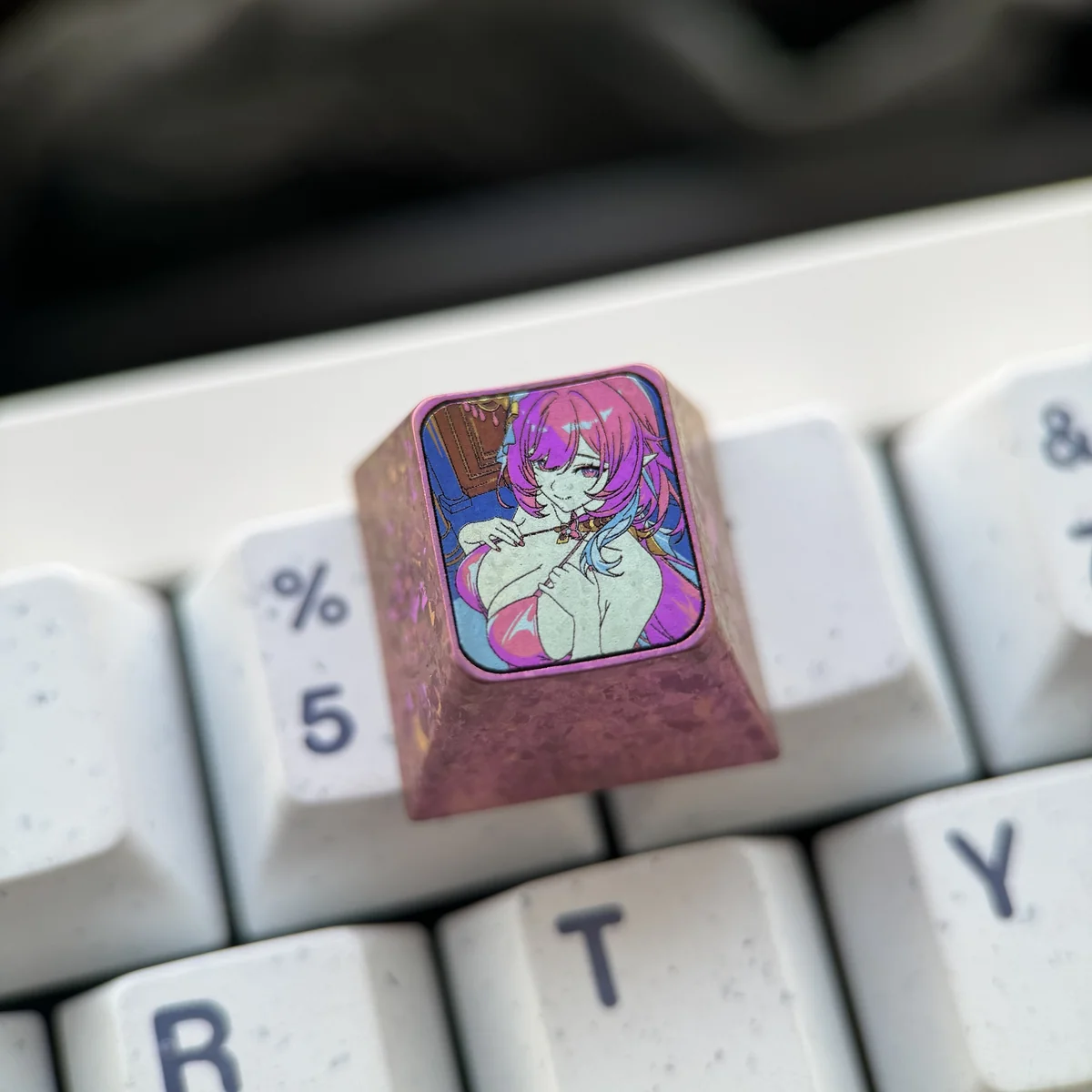 Premium Elysia Titanium Keycap for Honkai Impact 3rd, showcasing ethereal character art and robust polished finish from various angles.