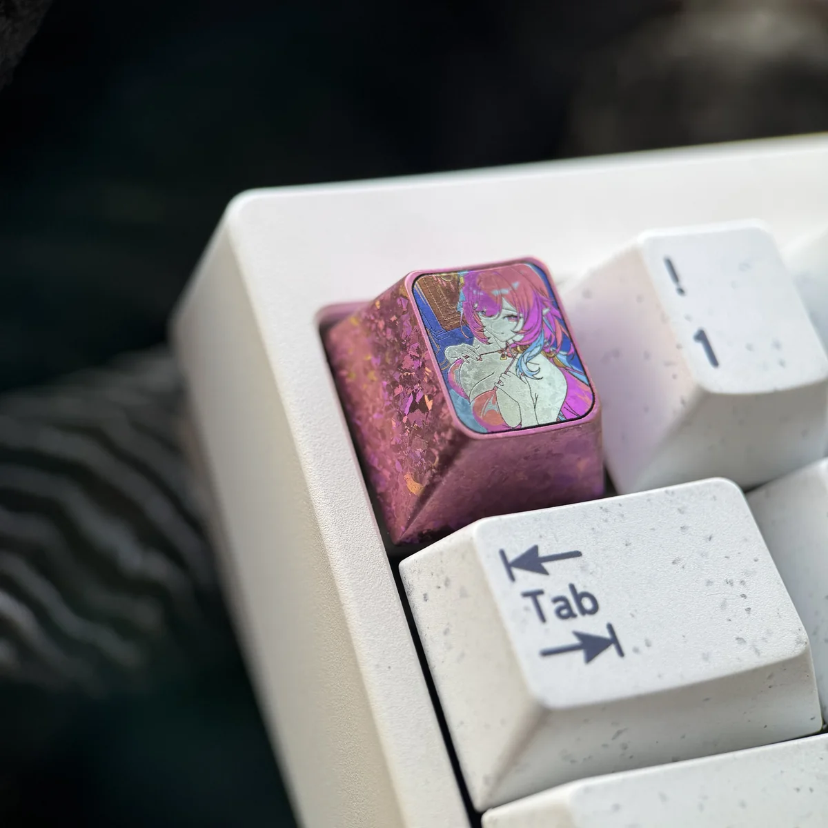 Elysia Titanium Keycap for Honkai Impact 3rd ESC, showcasing ethereal character art on polished titanium from multiple angles, highlighting its premium design.
