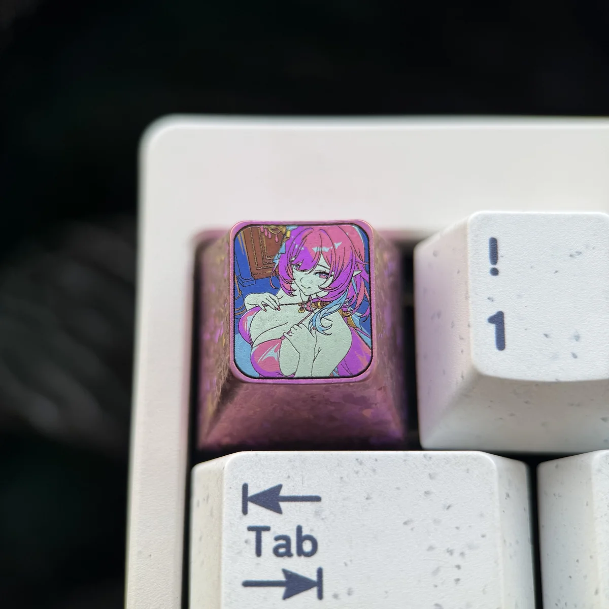 Premium Elysia Titanium Keycap for Honkai Impact 3rd ESC, featuring ethereal character art on polished titanium. Merges elegance with robust gaming aesthetics.