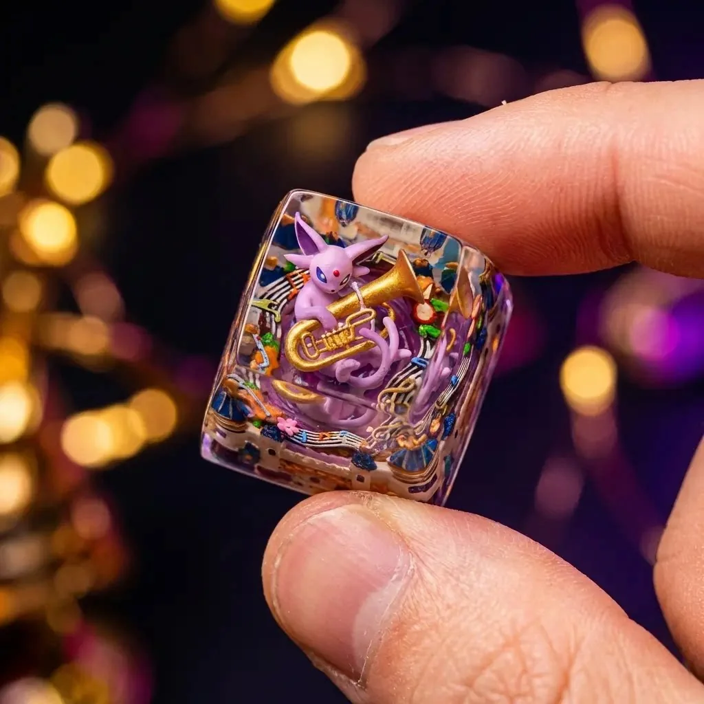 Vibrant handcrafted Espeon Pokemon artisan resin keycap, showcasing intricate details and a mystical for a fantasy aesthetic.