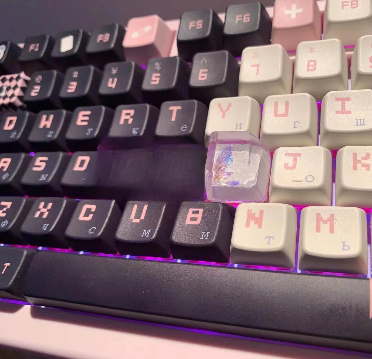 Exquisite handcrafted Wind translucent artisan keycap. Ethereal Wind and delicate, nature-inspired forms are visible. Abstract black and white from varies angles.