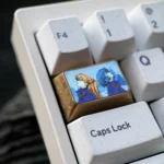 Evangelion Asuka & Rei premium titanium keycap, detailed from multiple angles, showcasing its durable, high-tech artistry for mechanical keyboards.