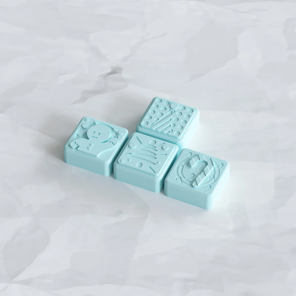 A playful collection of Festive Christmas PBT Keycaps, showcasing various angles of the cozy pink and blue retro-themed designs, bringing joyful keyboard.