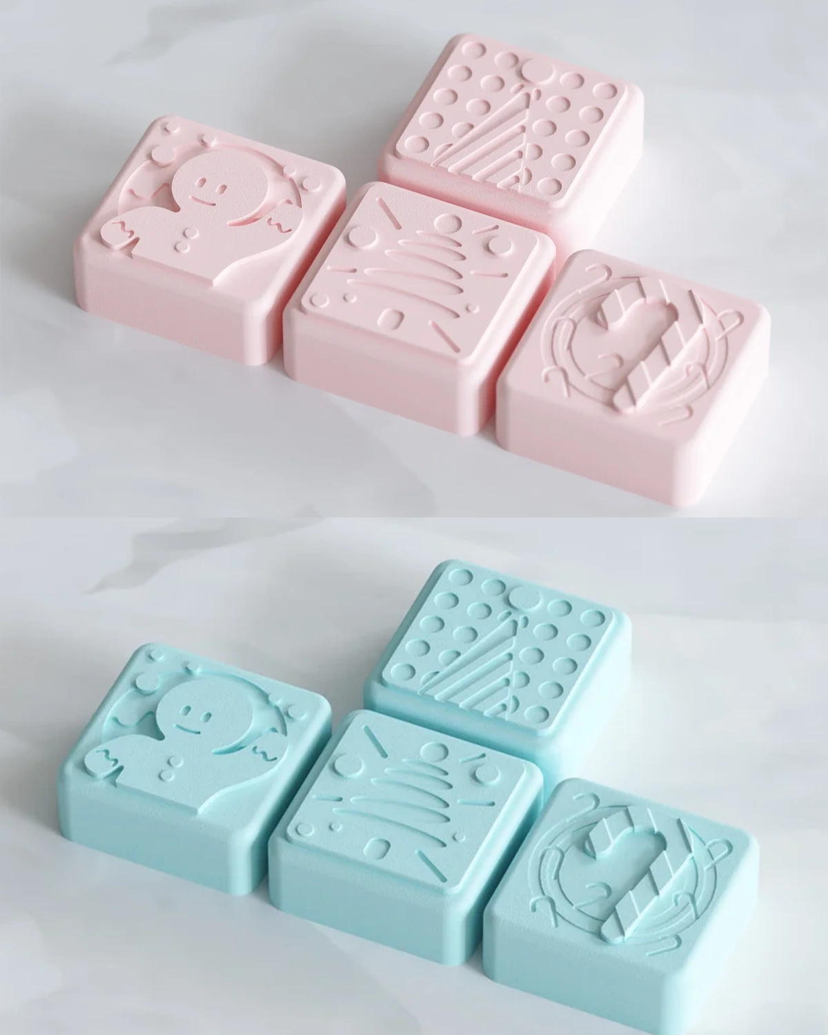 Details of Festive Christmas PBT keycaps in cozy pink and blue, showcasing a joyful retro holiday design for a unique keyboard aesthetic upgrade.