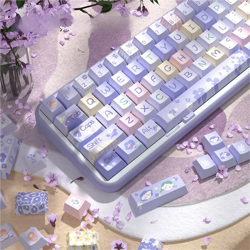 Floral PBT Keycaps Set gallery. Vibrant floral art, delicate pastel patterns, durable PBT. Whimsical garden aesthetic and custom elegance shown from multiple angles.