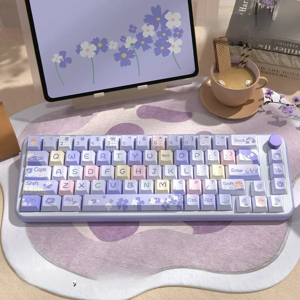 Vibrant Floral PBT Keycaps Set with delicate pastel garden art, highlighting durable PBT and custom elegance for a whimsical, artistic aesthetic.