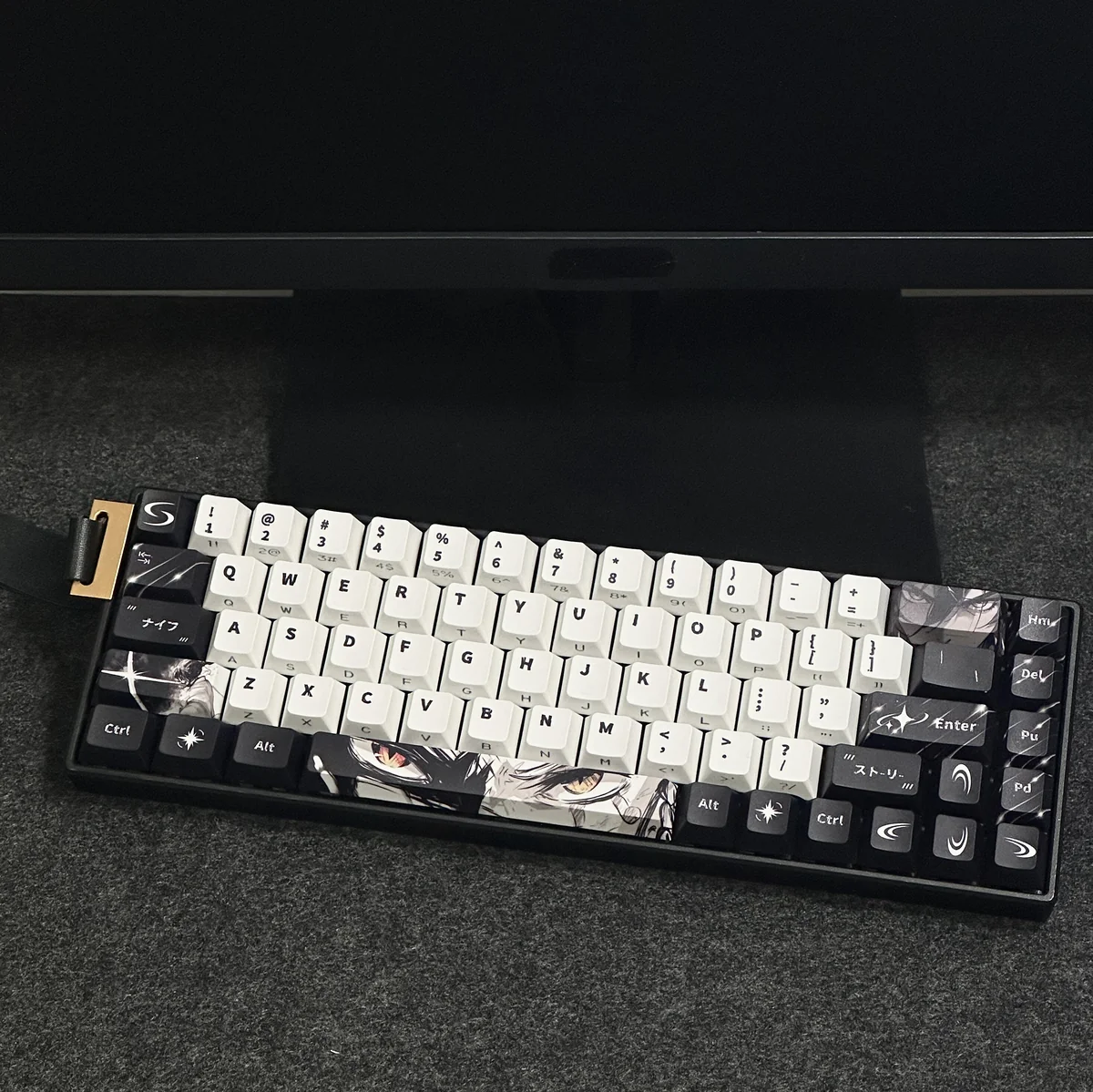 Flowing Shadow Cherry Keycap Set, brilliantly backlit, reveal subtle side legends and vibrant gradients. An artistic, captivating desk aesthetic.