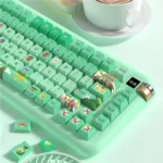Vibrant PBT Forest Party Theme Keycaps Set showcasing whimsical creatures and lush green botanical elements from multiple artistic angles, celebrating a relieve.