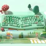 Vibrant PBT Forest Party Keycaps Set. A whimsical forest celebration with lush green scenery and artistic botanical elements.