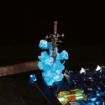 Artisan Frostmourne Keycap, intricately detailed with ancient runes and icy blue accents, showcasing its unique removable sword from a captivating angles.