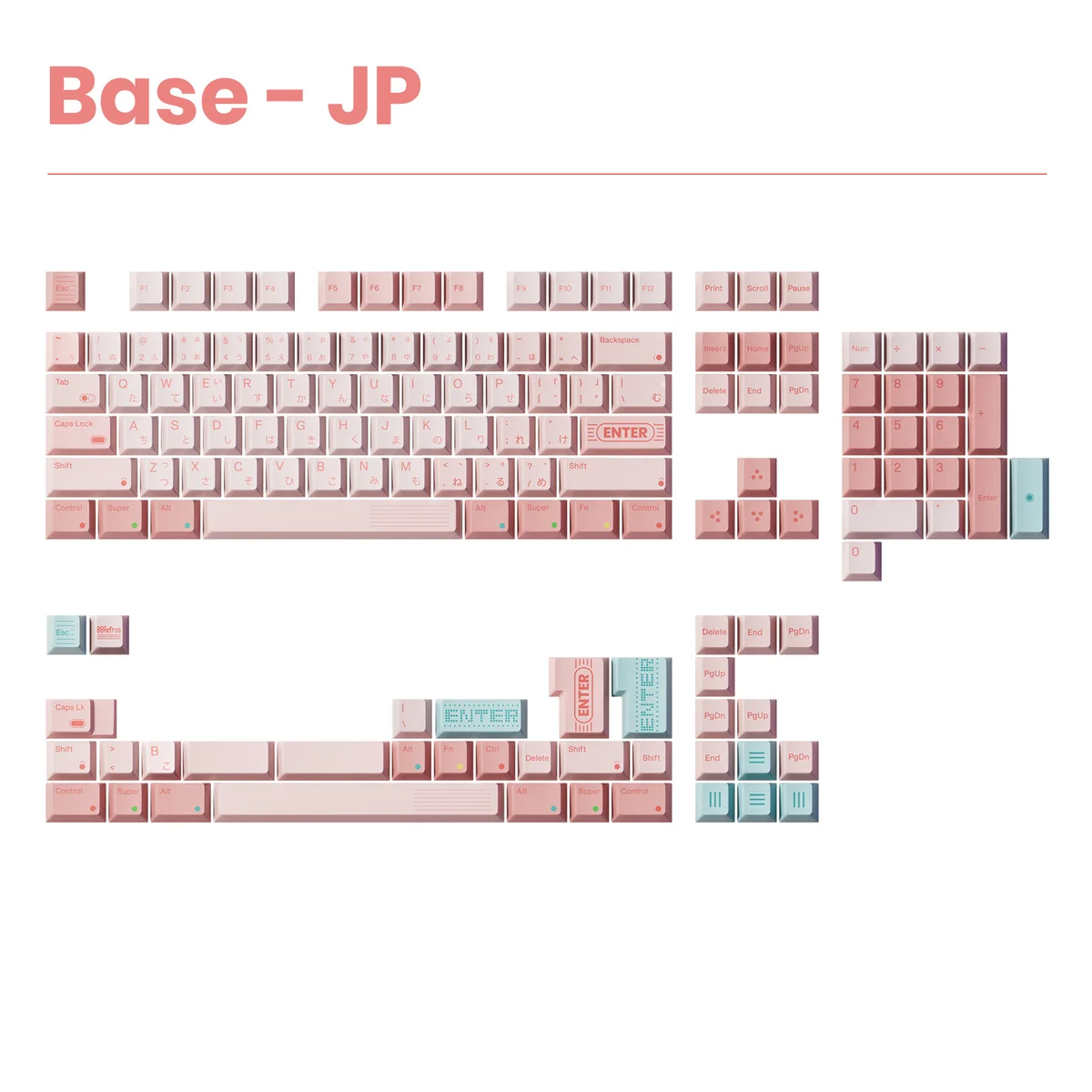 Game1989 Retro PBT Keycaps set in candy pink, showcasing multiple angles for a vibrant, playful arcade gaming aesthetic.