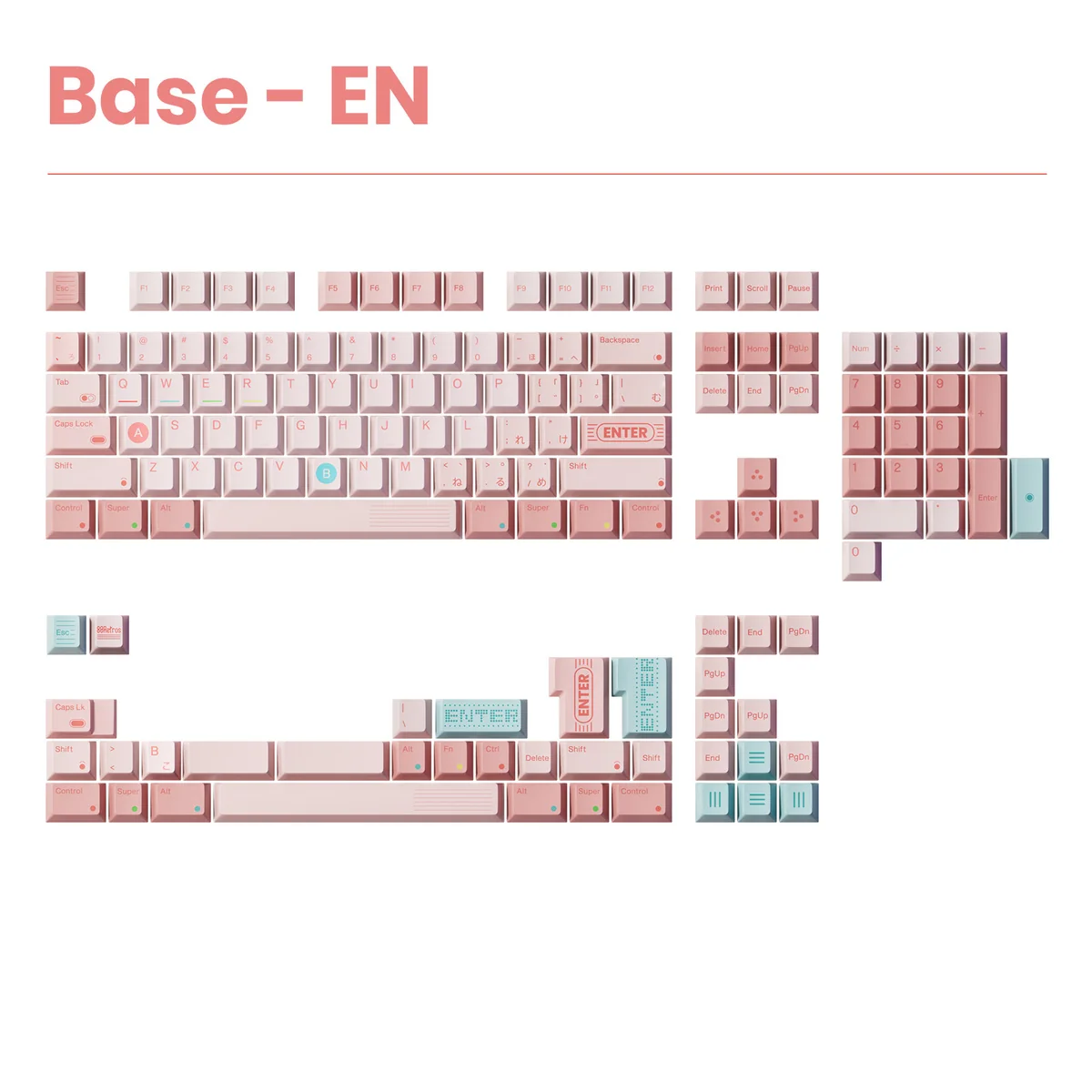 Close-up of the Game1989 retro PBT keycaps set, showcasing the vibrant candy pink and white keys, perfect for a playful 80s arcade gaming setup.