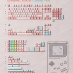 Game1989 retro PBT keycaps set in candy pink, vibrant 80s arcade theme. Multiple angles highlight the playful design, perfect for gaming setups.