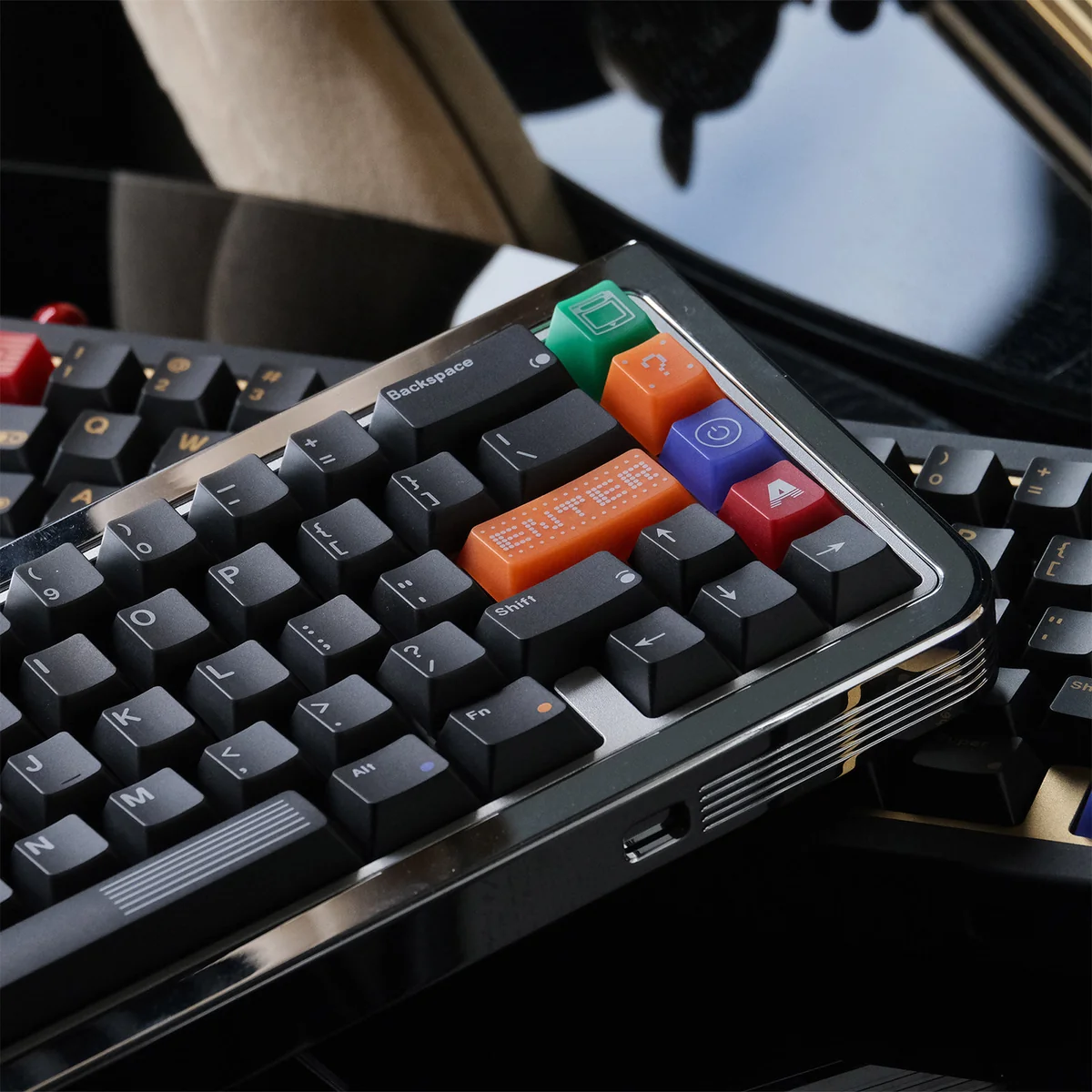 Close-up of premium GAME1989 Samurai retro gaming keycaps set, showcasing intricate pixelated designs and dark, sophisticated aesthetics from multiple angles.