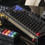 Premium GAME1989 Samurai Retro Gaming Keycaps set displayed from multiple angles, highlighting their dark, pixelated design and sophisticated retro gaming essential setup.