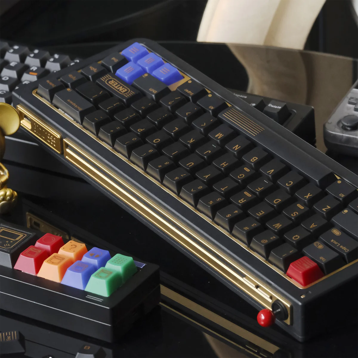 Premium GAME1989 Samurai Retro Gaming Keycaps set displayed from multiple angles, highlighting their dark, pixelated design and sophisticated retro gaming essential setup.