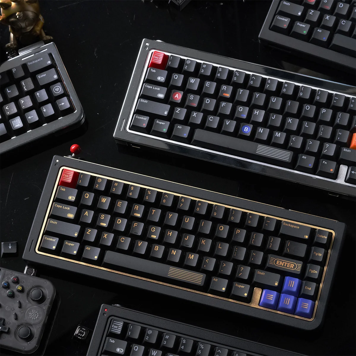 Premium GAME1989 Samurai Retro Gaming Keycaps set displayed, emphasizing dark pixelated retro essence and intricate samurai design from various angles.