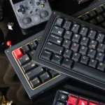 A close-up view of the premium GAME1989 Samurai Retro Gaming Keycaps set, showcasing dark, pixelated designs and intricate samurai aesthetics from various angles.