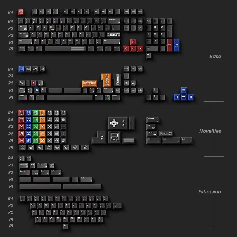 Elegant premium GAME1989 Samurai retro gaming keycaps arranged on a dark keyboard, emphasizing their unique pixelated aesthetic and superior finish.