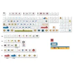 Playful retro pixel art gaming keycaps set crafted from durable PBT, showcasing vibrant dye-sublimation of classic arcade themes from multiple angles.