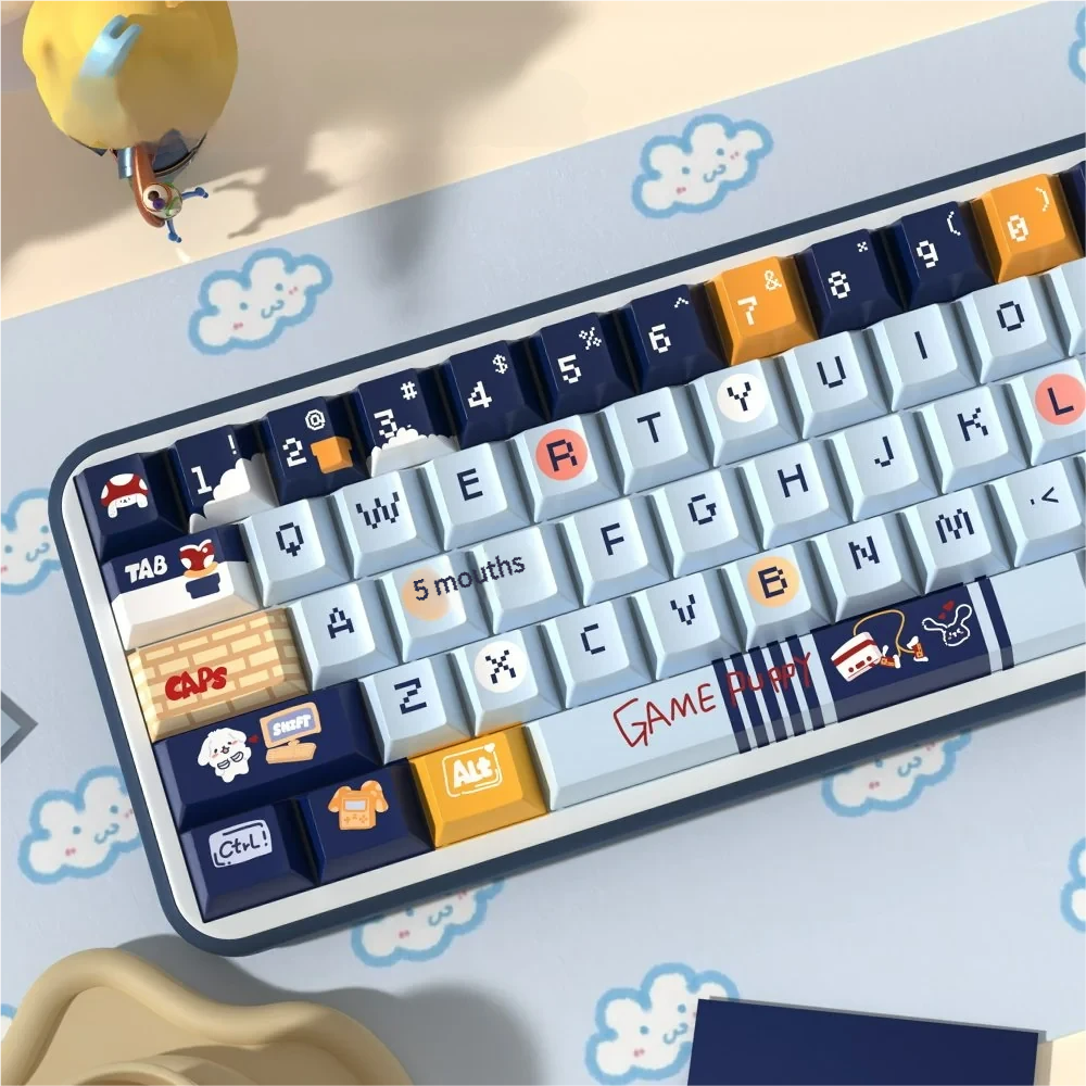 Playful Puppy Gaming PBT Keycaps set, showcasing durable PBT, crisp legends, and vibrant puppy illustrations from a unique side angle.