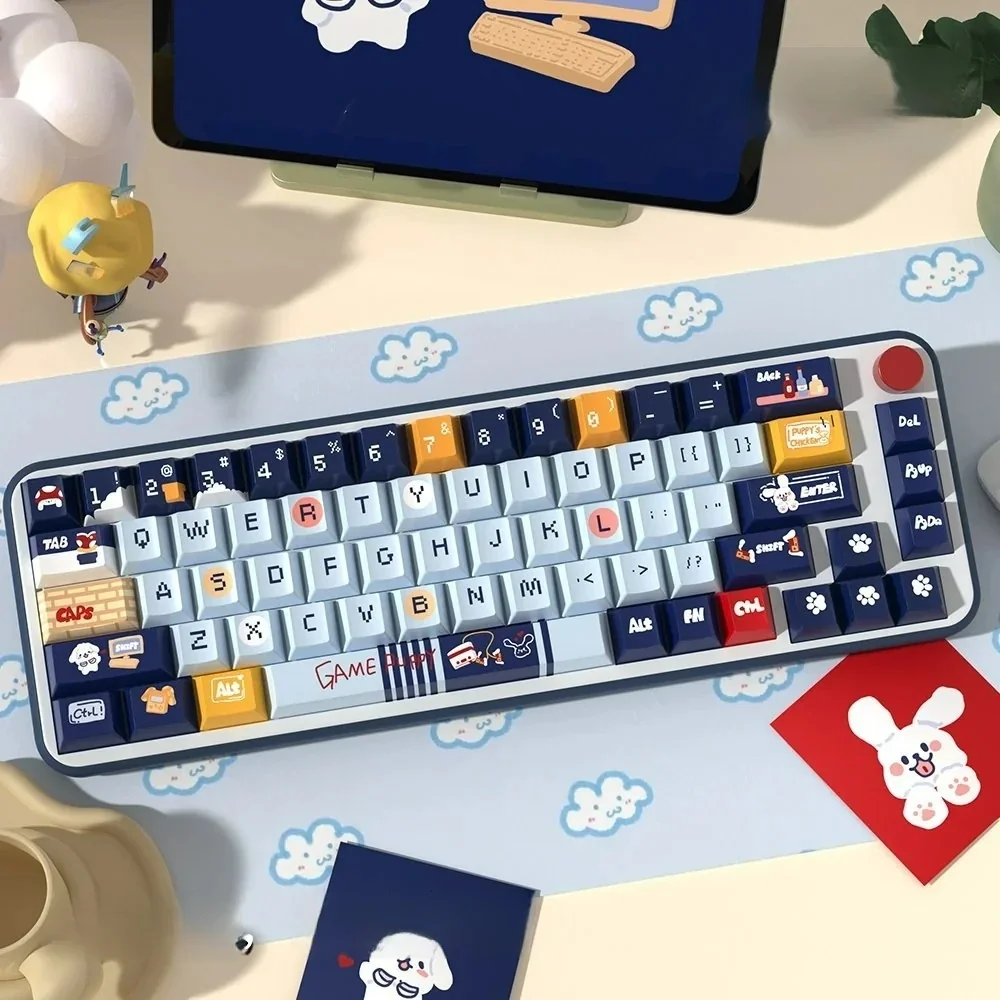 Vibrant gaming PBT keycaps set featuring playful puppy designs, highlighting durable PBT material and crisp, clear legends for gamers.