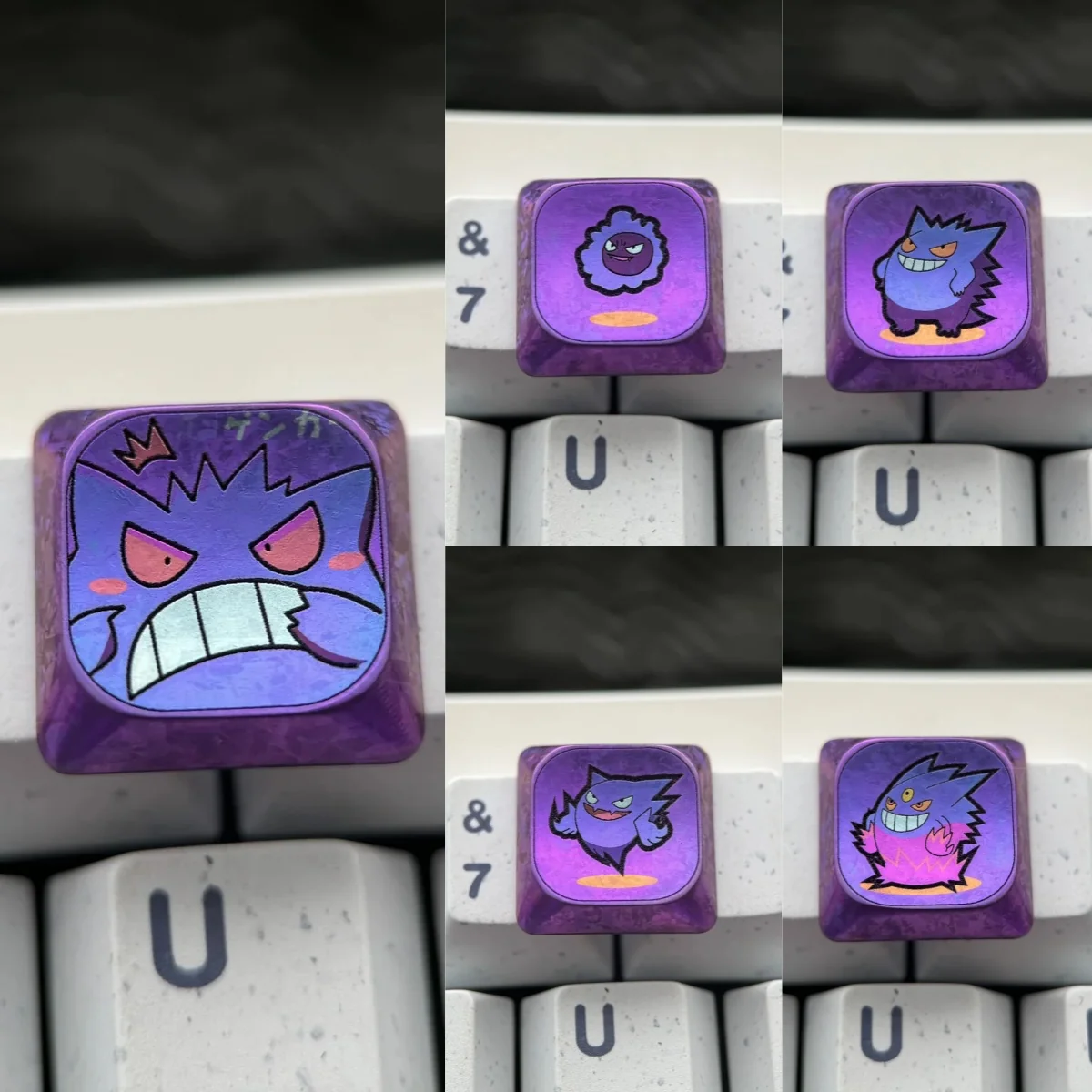 Close-up of the mischievous Gengar Titanium Keycap, revealing its premium, intricately sculpted low-profile design crafted from sleek titanium alloy.