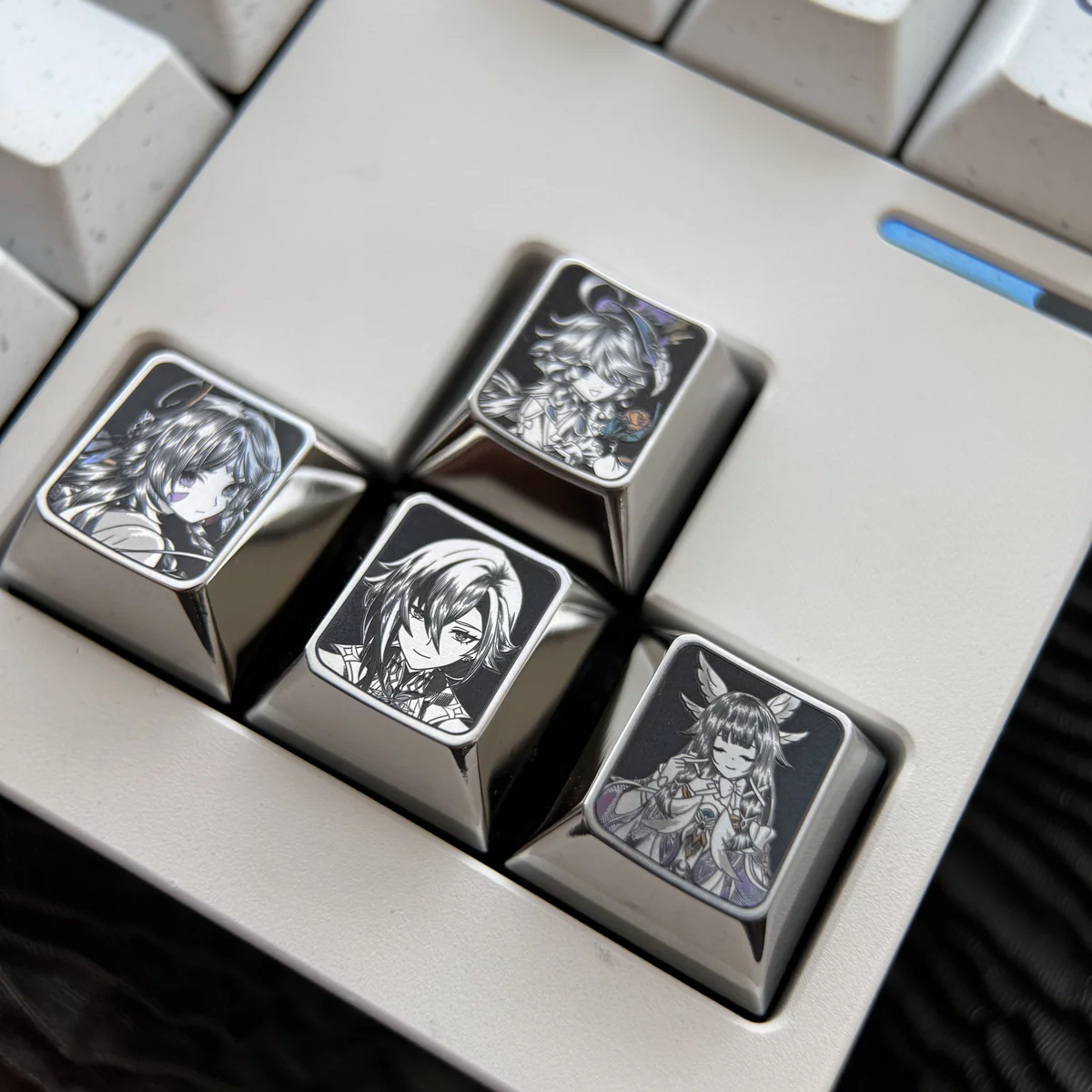 Vibrant Genshin Impact titanium artisan keycaps, showcasing precision-engraved character portraits with pointillist detail, perfect for enhancing your keyboard.