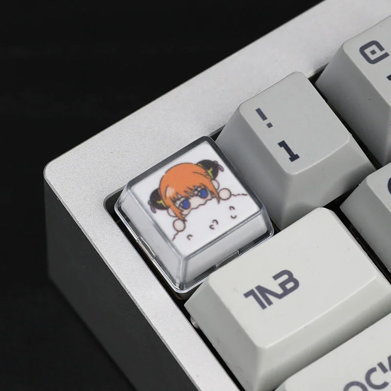 Close-up view of handcrafted Gintama resin artisan arrow keycaps, showcasing vibrant characters and intricate details from a playful 'character' scene."