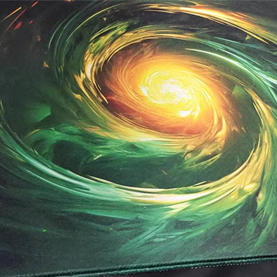 A striking view of the Gold Green Vortex Mouse Pad, revealing its vibrant gold and green swirling vortex art, engineered with a waterproof surface.
