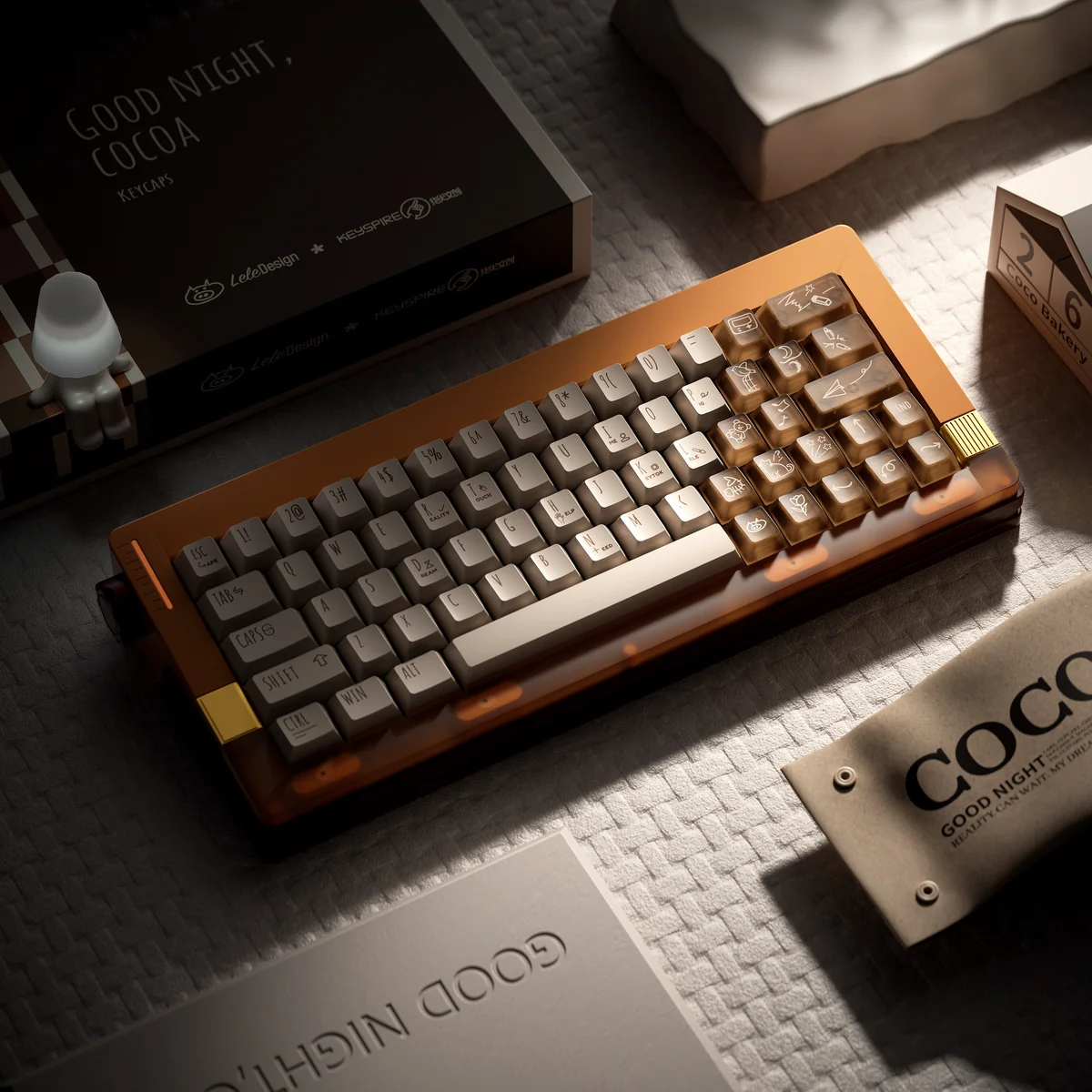 Detailed view of the Good Night Cocoa PBT+PC backlit keycap set, highlighting its warm, translucent glow perfect for serene cozy evenings.
