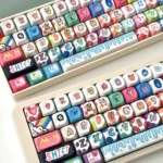 Angled view of the 134-key Cat Candy Graffiti Keycap Set, showcasing vibrant street art, playful cat motifs, and unique expressive typography.