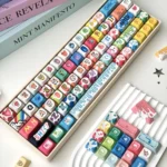 Close-up of the Cat Candy Graffiti Keycap Set, showcasing vibrant colors, playful cat art, and unique graffiti typography on a full 134-key layout.