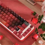 Close-up of the unique Grotesque Bride Dye-Sub PBT keycaps set, showcasing the intricate spectral bride motifs and dark romantic gothic aesthetics.