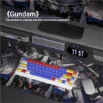 Gallery showcasing the premium Gundam PBT side-lit keycaps set from multiple dynamic angles, revealing iconic mecha motifs and sleek, glowing legends.