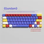 Premium Gundam PBT side-lit keycaps set for 64-key mechanical keyboards, showcasing futuristic mecha aesthetics and clear translucent legends.