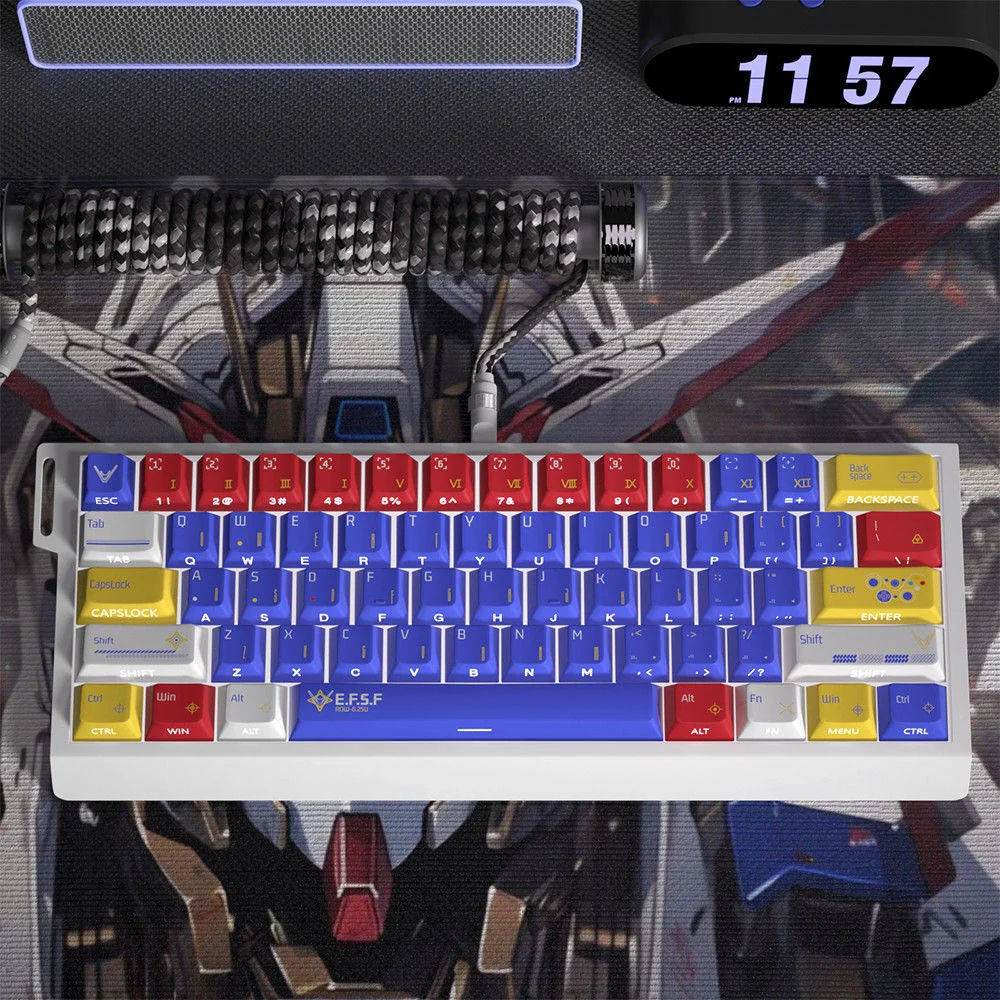 Iconic Gundam PBT side-lit keycaps set for mechanical keyboards, displaying vibrant mecha aesthetics and durable legends for a high-tech custom build.
