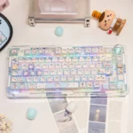 A playful collection of Chiikawa: Hachiware Series Keycap Set, showcasing vibrant translucent designs and unique side-engraved lighting from multiple angles.