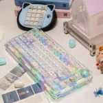 Playful Chiikawa: Hachiware Series Keycap Set, highlighting unique translucent, three-sided engraved character designs from vibrant angles.