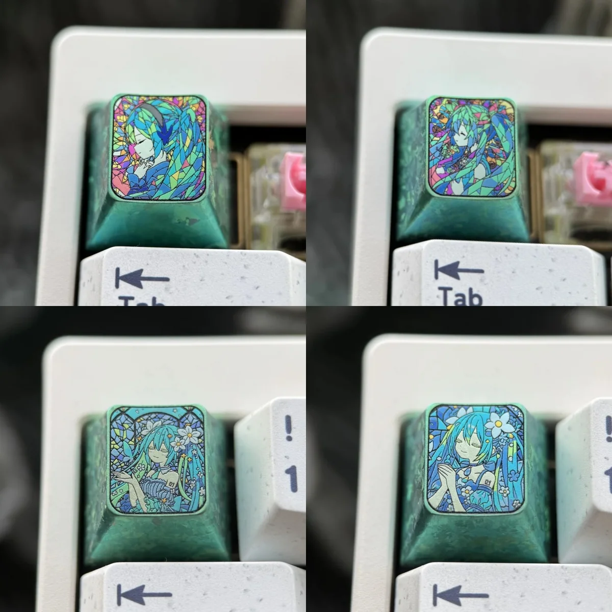 Vibrant Hatsune Miku titanium artisan ESC keycap featuring a dynamic broken glass effect on lustrous alloy, an iconic collectible for enthusiasts.